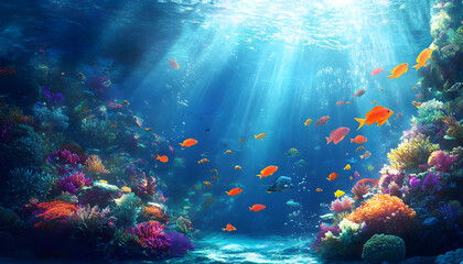 Fototapeta premium A dreamy underwater scene with schools of colorful fish, corals, and rays of sunlight penetrating through the water’s surface