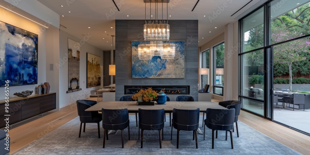 Poster a smart home dining room with automated lighting, smart temperature control, and interconnected devi