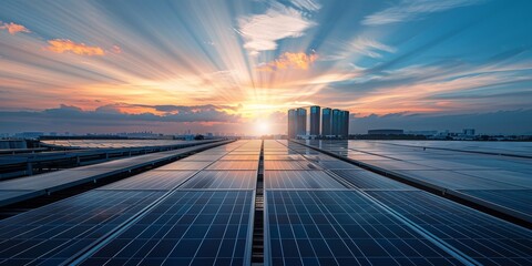 Obraz premium A modern industrial factory with an extensive solar panel array on its roof, integrating clean energy technology into its daily operations and manufacturing processes