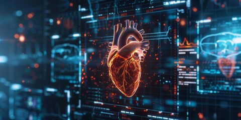 Obraz premium Echocardiogram scan featuring a detailed view of the heart with enhanced imaging and flow patterns, complemented by medical charts and diagnostic markers for clarity