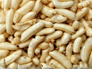 Traditional snacks from Indonesia called Jipang, Bipang, or Brondong Beras are made from rice or sticky rice. On a white background