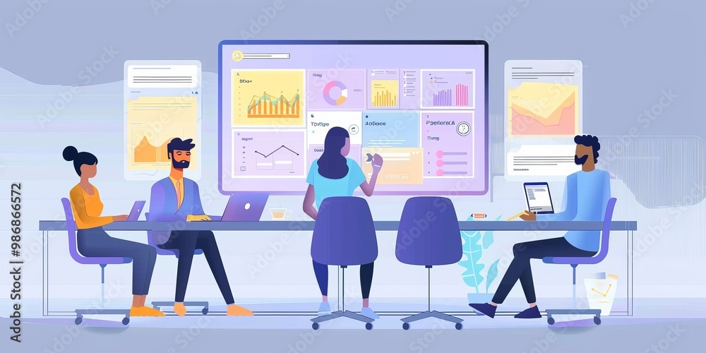 Poster UX designer presenting design ideas to stakeholders using a projector, with wireframes, user personas, and feedback notes on display, reflecting a professional presentation setting