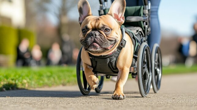 A determined disabled French bulldog joyfully takes a walk in a specialized wheelchair, showcasing the resilience and spirit of pets with mobility challenges