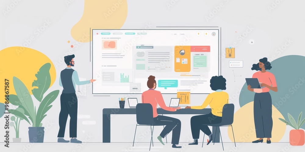 Poster UX designer presenting design ideas to stakeholders using a projector, with wireframes, user personas, and feedback notes on display, reflecting a professional presentation setting