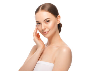 Beauty portrait of woman with hand near face looking at camera. Beautiful female model with perfect...