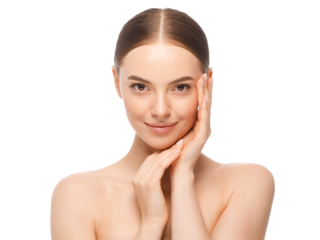 Beauty portrait of young woman holding hands near face with clean skin