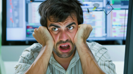 Frustrated IT professional sitting at desk, staring at computer screen filled with error messages during software update. Technical diagrams and code in the background highlight the complexity of the 