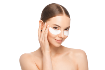 Beautiful female holding collagen eye patch with hand. Perfect clean fresh skin care treatment or cosmetic