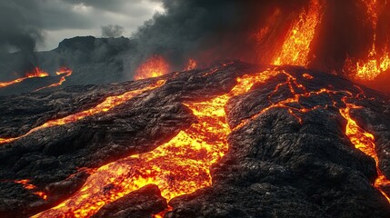 Dramatic volcanic landscape with flowing magma, cracks in the ground, and inferno effects over a seamless rock background.