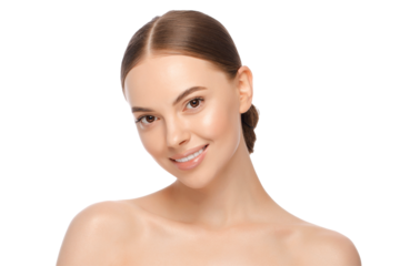 Portrait of young attractive smiling brown-eyed woman with naturally glowing skin