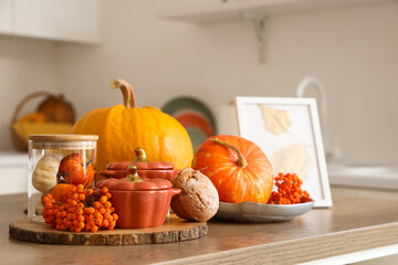 Pumpkins, berries and autumn decorations on table in light kitchen, closeup