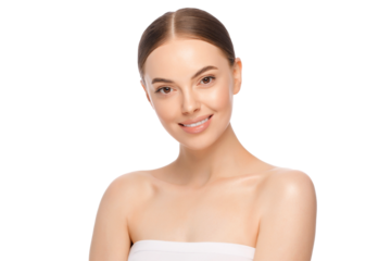 Portrait of beautiful smiling female standing with shoulders. Concept of woman beauty