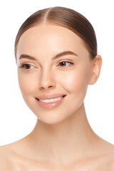 Obraz premium Beauty woman face with brown eyes looking aside