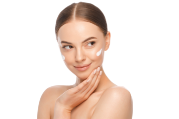 Portrait of young beautiful brown-eyed woman with face cream on cheekbones, skin care concept