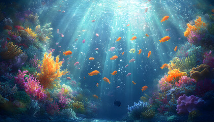 Obraz premium A dreamy underwater scene with schools of colorful fish, corals, and rays of sunlight penetrating through the water’s surface