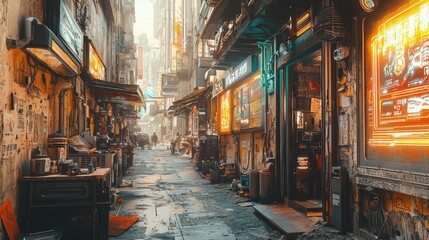Obraz premium Cyberpunk Alleyway with Neon Signs and Graffiti