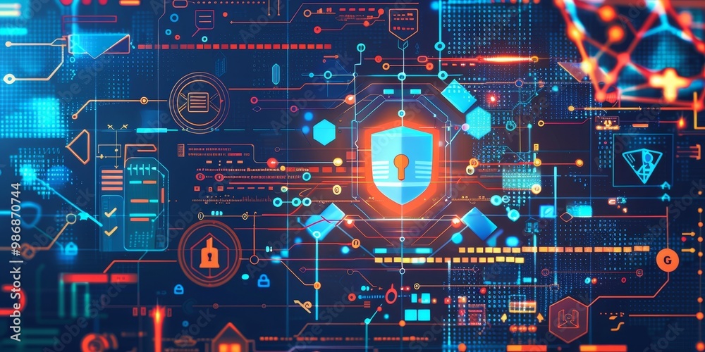 Fototapete illustration of a security policy with detailed diagrams of firewalls and encryption, set against a 