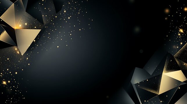 Abstract background with gold geometric shapes and sparkling lights.
