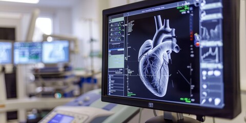 Fototapeta premium Clear and detailed echocardiogram showcasing the heart's chambers and valves, with enhanced imaging and flow patterns for accurate diagnostic and medical evaluation