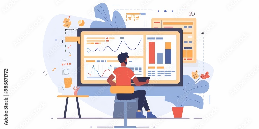 Poster UX designer analyzing user behavior data on a computer screen, with design prototypes and user journey charts visible, emphasizing a data-driven approach to user experience