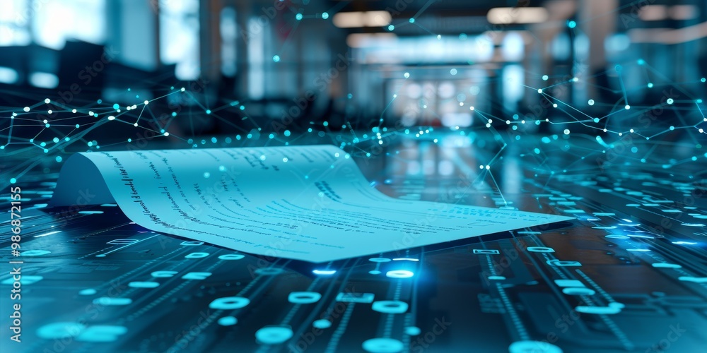 Leinwandbilder Detailed image of a security policy document with digital protection symbols and encryption algorithms, emphasizing measures for secure data handling in a modern office setting