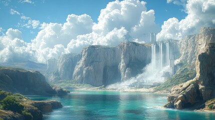 Waterfall Landscape With White Cliffs and Blue Water