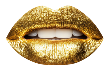 Golden lips with metallic shine, isolated on transparent cutout background