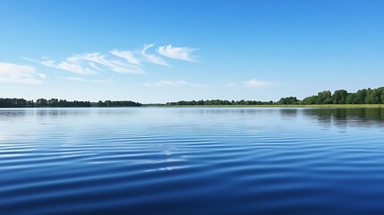 A tranquil lake with calm water and a blue sky with wispy clouds. Green trees line the horizon.