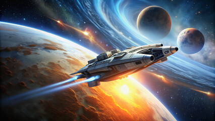A space odyssey, the ship moves into endless space, past planets.