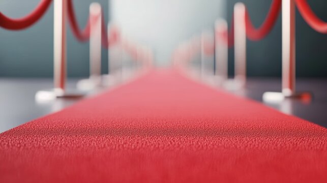 A beautiful red carpet laid out for a glamorous event, flanked by velvet ropes. Perfect for celebrations and formal occasions.
