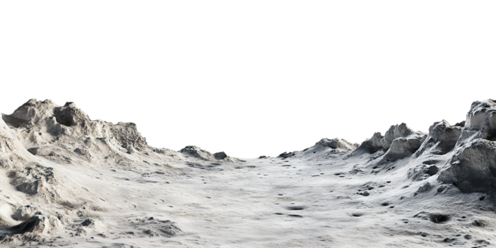 Lunar landscape with rough surface and craters, isolated on transparent cutout background
