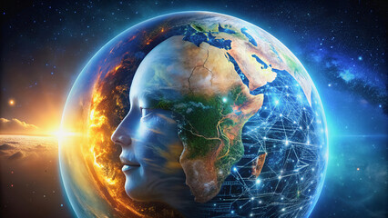 Fototapeta premium An image from space symbolizing the unity of humanity and technological connections. The Earth from space, where a person's profile is connected to a communication network.