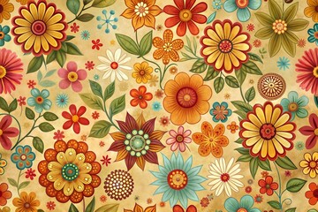 Colorful floral pattern with flowers in red yellow blue and green