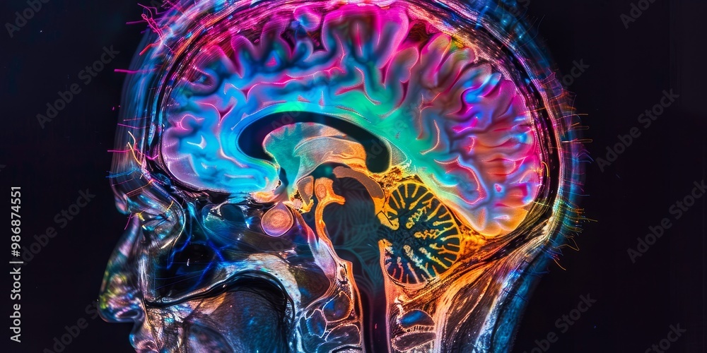 Poster Colorful and detailed PET scan showcasing a spectrum of colors to represent physiological activity levels, suitable for educational and medical research purposes