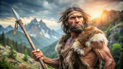 Prehistoric hunter with stone-tipped spear in mountain landscape.