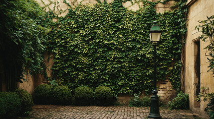 Naklejka premium A small courtyard with a green wall and a green bush