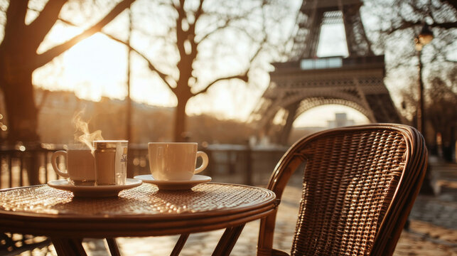 A table with two cups of coffee and a chair in front of the Eiffel Tower