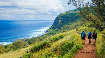 Tourists exploring a scenic hiking trail on Hawaii Island with ocean views