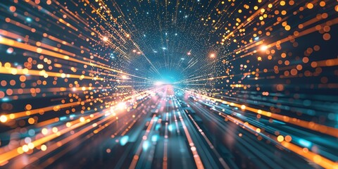 Fototapeta premium A dynamic digital roadmap depicted with bright, radiant lines and nodes, guiding through the journey of technology advancement and strategic progress in a modern setting