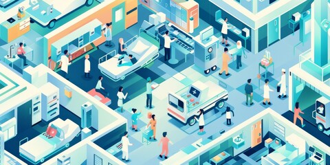 Illustration of a hospital featuring different departments like surgical suites, diagnostic labs, and emergency services, capturing the complexity and organization of medical care