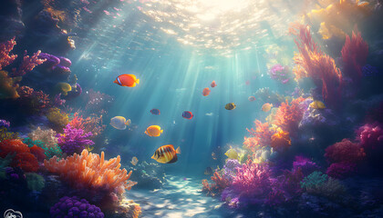 Fototapeta premium A dreamy underwater scene with schools of colorful fish, corals, and rays of sunlight penetrating through the water’s surface