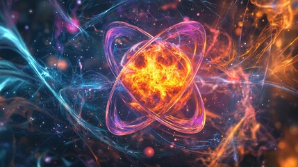 Obraz premium Vibrant 3D Illustration of Split Atom in Nuclear Fission with Colorful Energy Swirls and Abstract Shapes