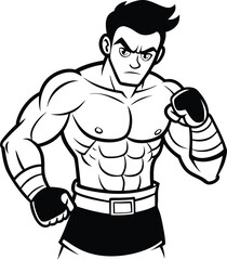 Boxer Ready Fight Illustrations. Boxing man Vector illustration on black and white.