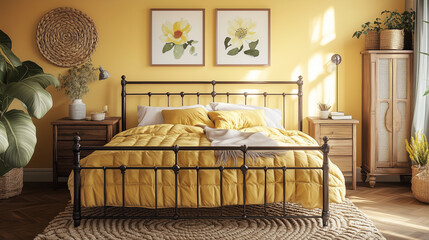 A bright and cozy bedroom with a metal bed covered in vibrant yellow bedding. The walls are painted in warm yellow, with floral paintings hanging. The interior is enhanced by natural elements such as
