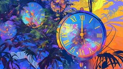 Distorted Realities Converge in a Vibrant Psychedelic Jungle Landscape with Spiraling Clocks