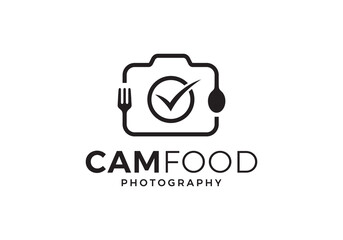 camera with fork spoon logo. check food photography concept design template