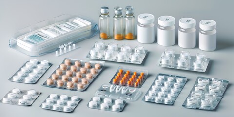 A range of pharmaceutical drug packages, including blister packs, vials, and pill bottles, with a focus on the professional design and labeling that ensures accurate medication use