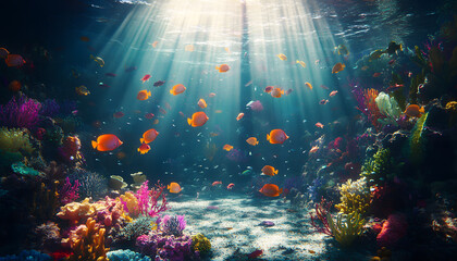 Obraz premium A dreamy underwater scene with schools of colorful fish, corals, and rays of sunlight penetrating through the water’s surface