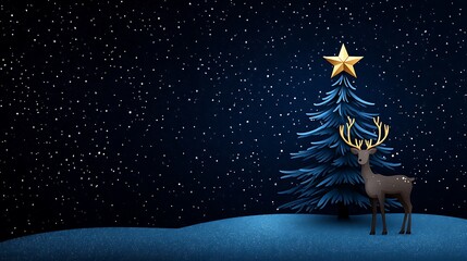 Winter Night with Christmas Tree and Reindeer