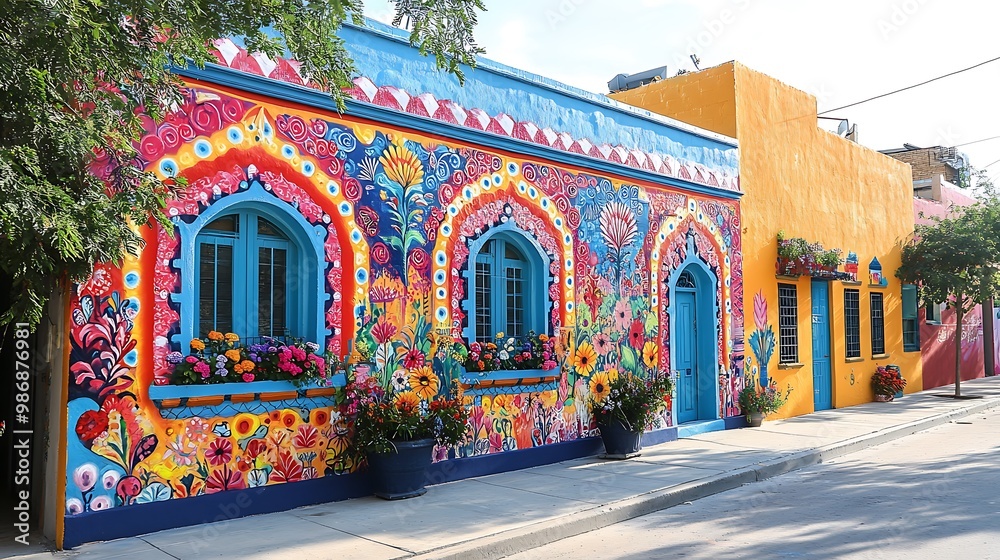 Wall mural Colorful houses with vibrant floral murals on the facade in a sunny street.